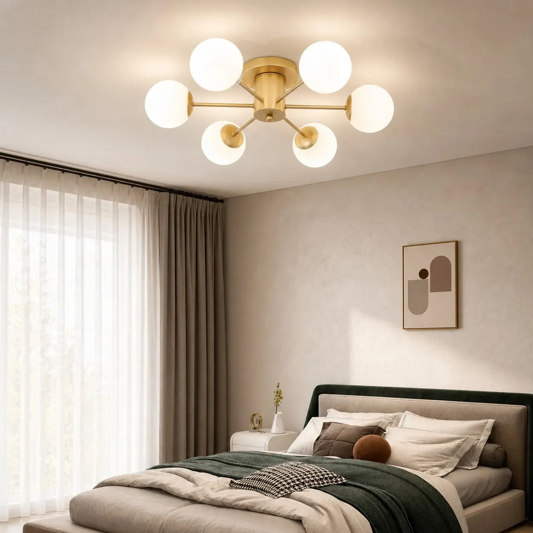 Gold globe ceiling light in a calm modern bedroom