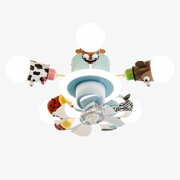 Blue 5-head kids animal ceiling fan light on white background