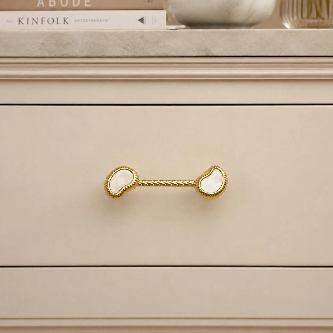 French Vintage Cashew Shell Brass Cabinet Knobs and Pulls - image 15