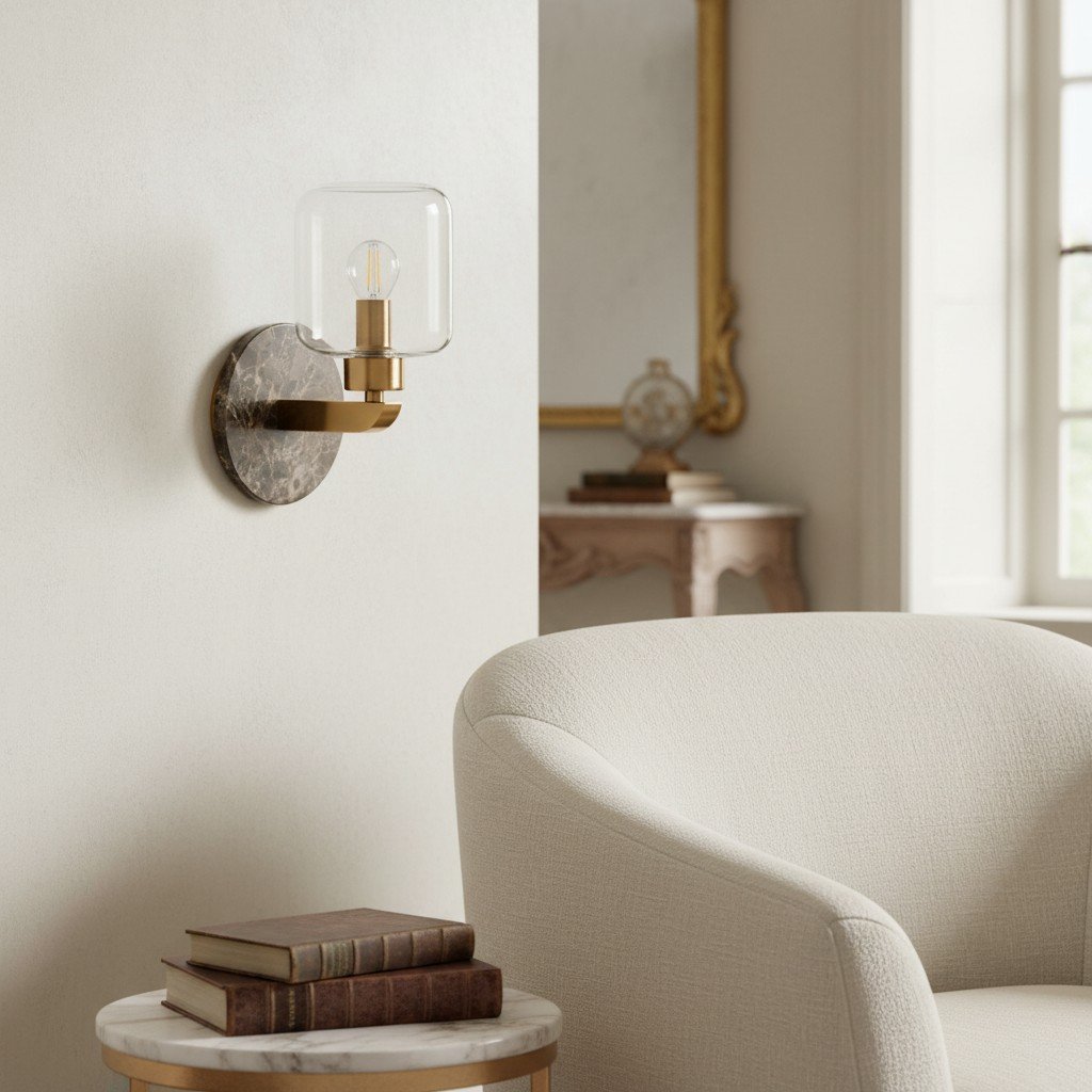 Korlisse Modern Marble Wall Light - Vintage Brass & Clear Glass Accent for Living Room and Hallway