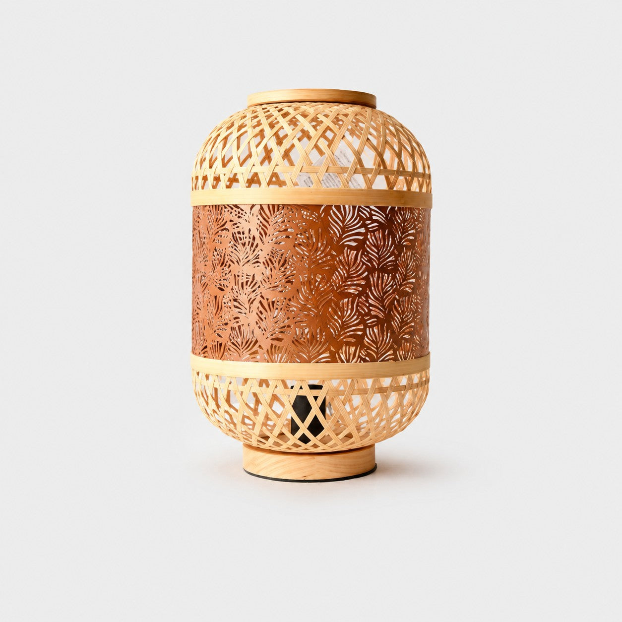 orange woven LED table lamp on gray background