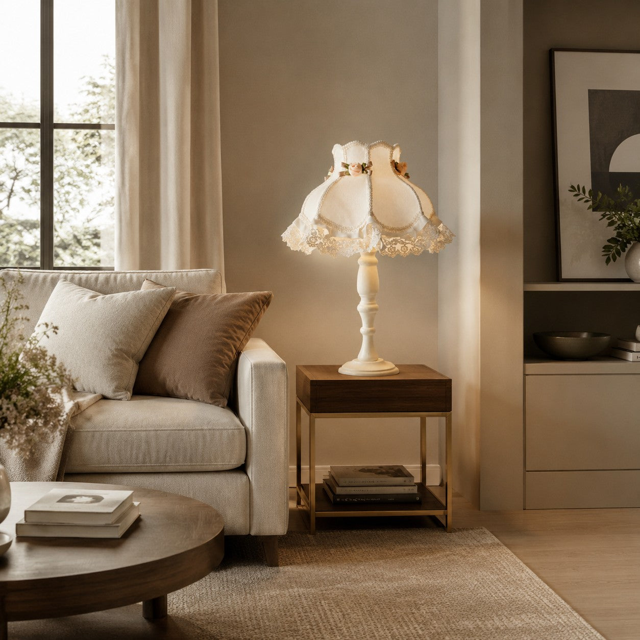 Ivory lace table lamp beside a sofa and window