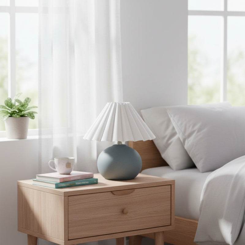 Ruffmeto Decorative Table Lamp — Round Ceramic Base with Pleated Fabric Shade for Cozy Spaces