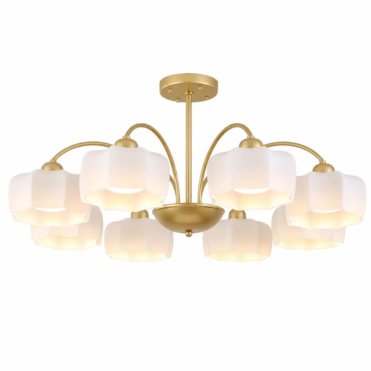 Illuminated 8-light chandelier on a white background; bulbs not included