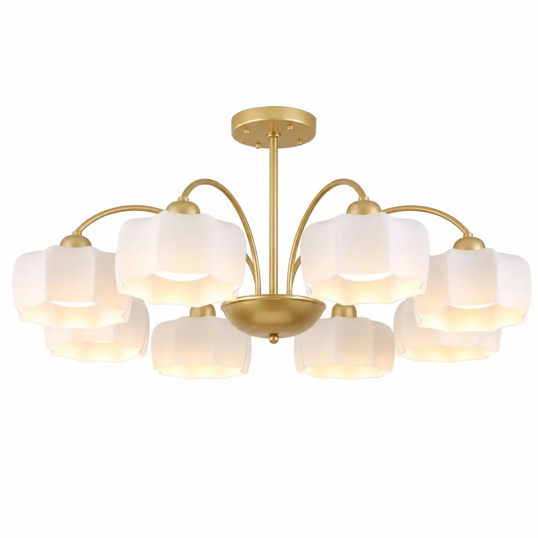 Illuminated 8-light chandelier on a white background; bulbs not included