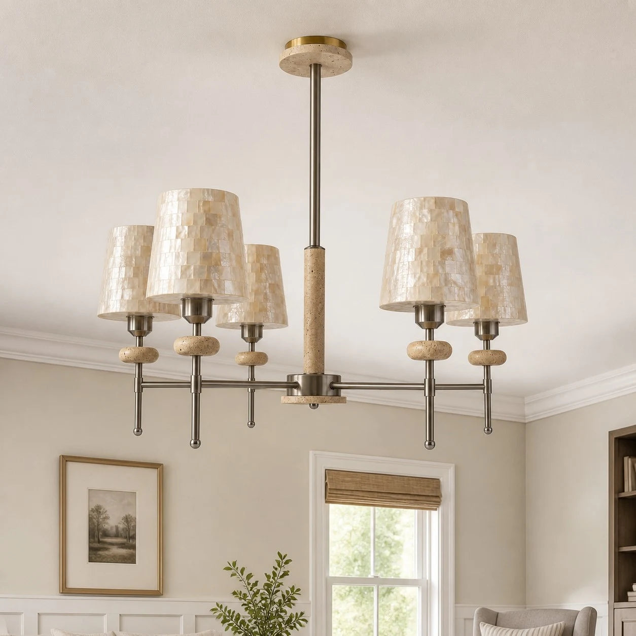 Five-light chandelier installed at true scale in a bright room