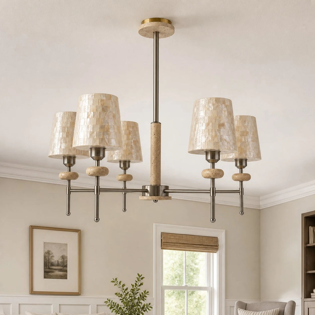 Five-light chandelier installed at true scale in a bright room