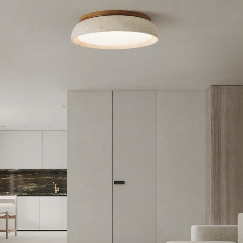 Deckenlampe aus natürlichem Travertin – Runde Lampe aus Walnussholz für den Eingangsbereich