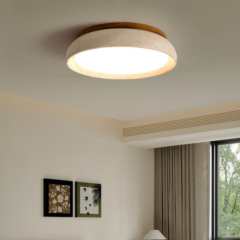 Deckenlampe aus natürlichem Travertin – Runde Lampe aus Walnussholz für den Eingangsbereich