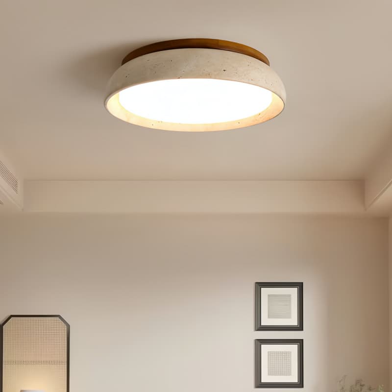 Deckenlampe aus natürlichem Travertin – Runde Lampe aus Walnussholz für den Eingangsbereich