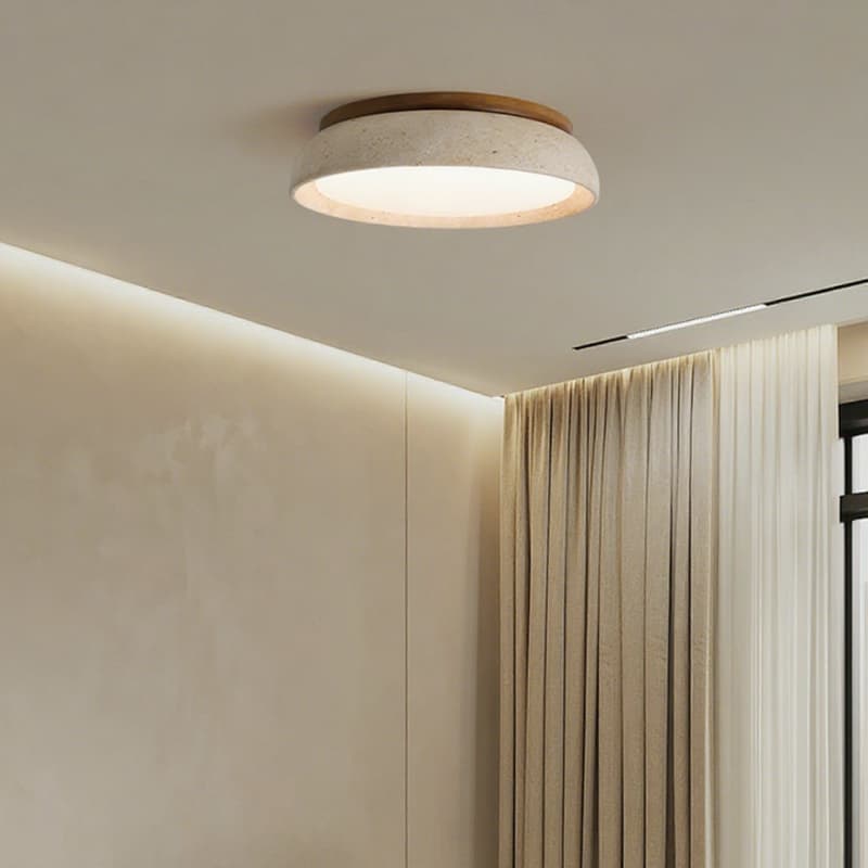 Deckenlampe aus natürlichem Travertin – Runde Lampe aus Walnussholz für den Eingangsbereich