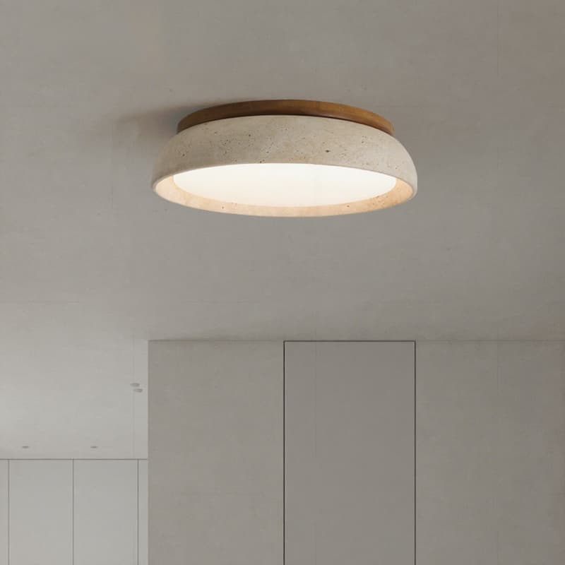 Deckenlampe aus natürlichem Travertin – Runde Lampe aus Walnussholz für den Eingangsbereich