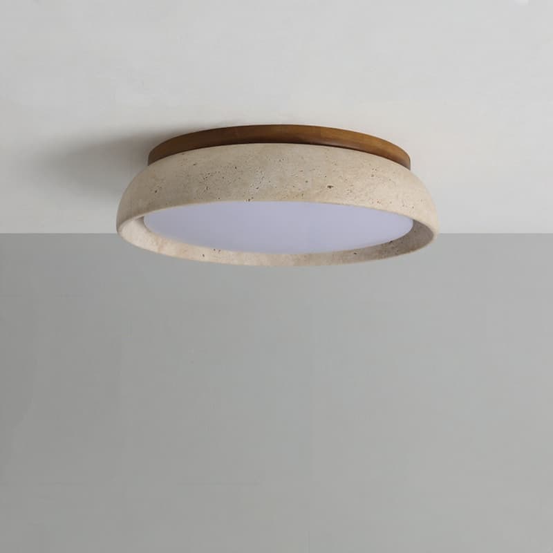 Deckenlampe aus natürlichem Travertin – Runde Lampe aus Walnussholz für den Eingangsbereich