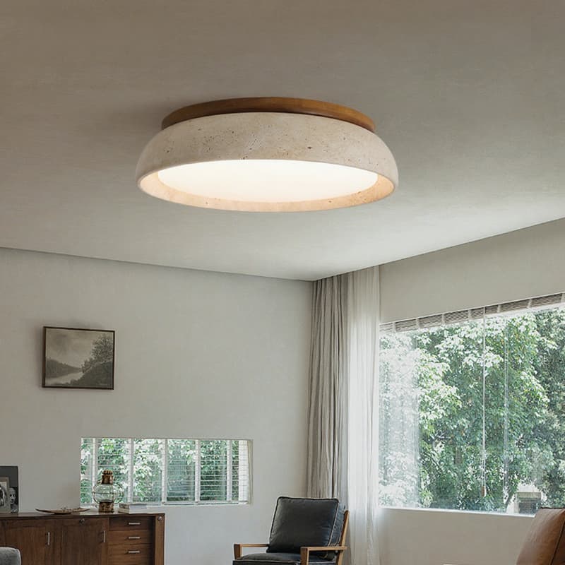 Deckenlampe aus natürlichem Travertin – Runde Lampe aus Walnussholz für den Eingangsbereich