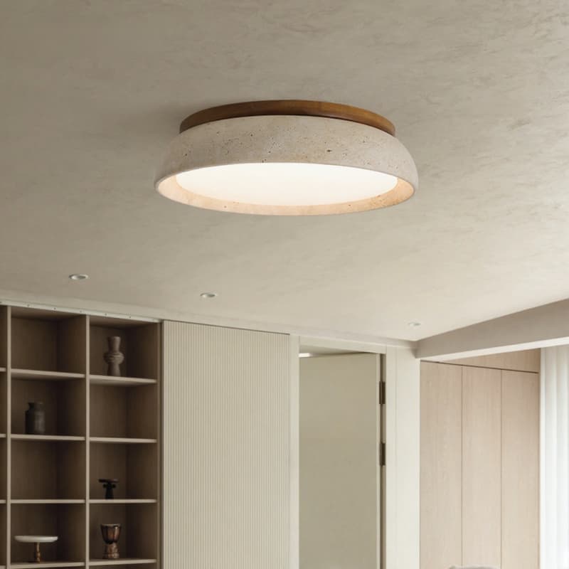 Deckenlampe aus natürlichem Travertin – Runde Lampe aus Walnussholz für den Eingangsbereich