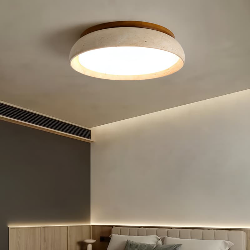 Deckenlampe aus natürlichem Travertin – Runde Lampe aus Walnussholz für den Eingangsbereich