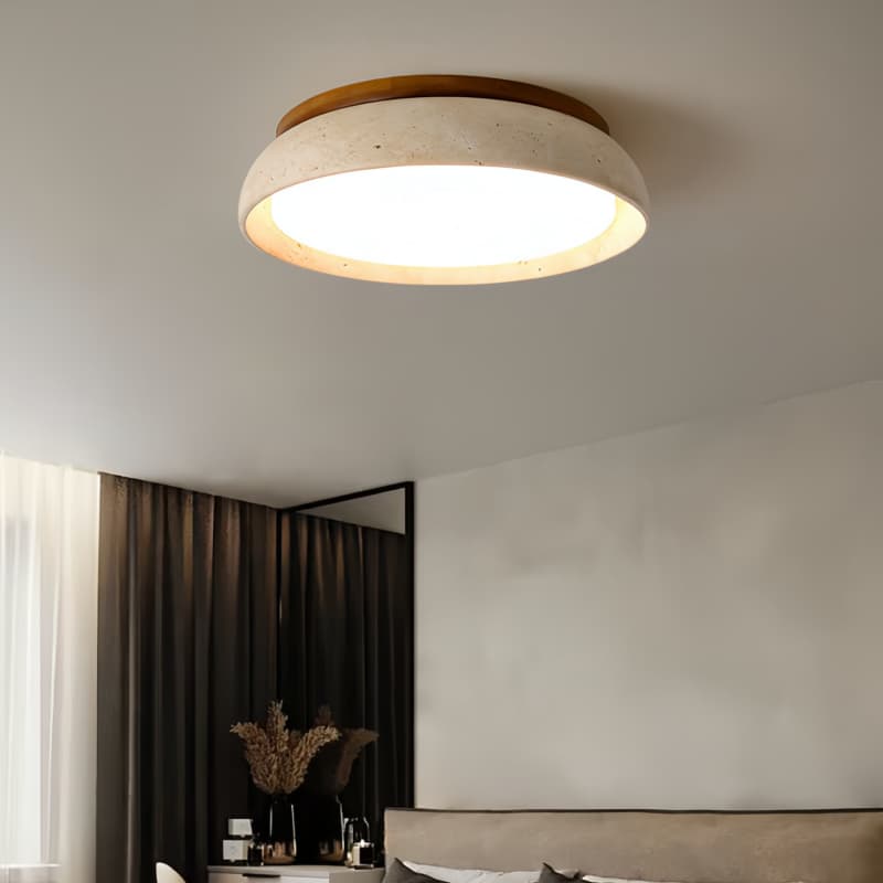 Deckenlampe aus natürlichem Travertin – Runde Lampe aus Walnussholz für den Eingangsbereich