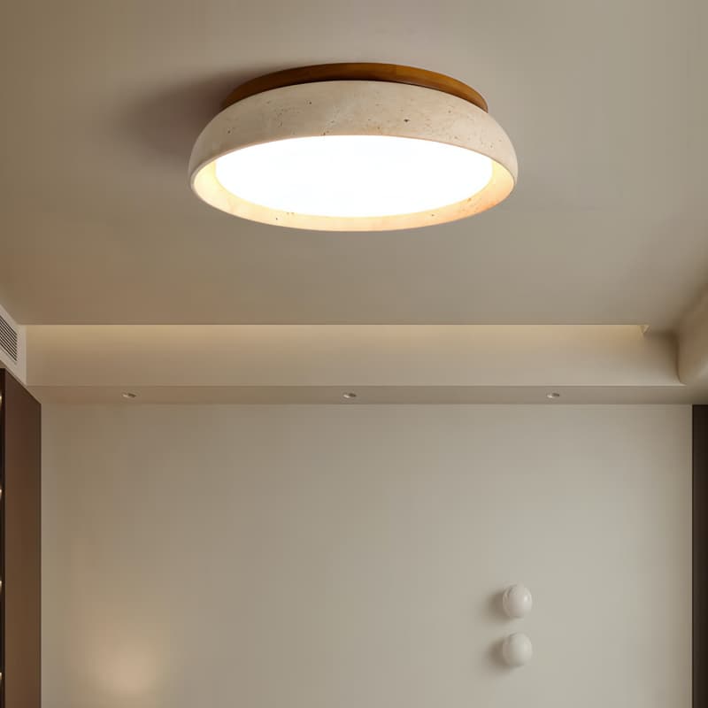 Deckenlampe aus natürlichem Travertin – Runde Lampe aus Walnussholz für den Eingangsbereich