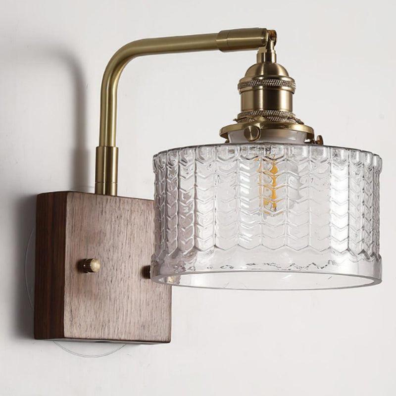 Vintage Ripple Glass Wooden Base Wall Sconce Bedside Lamp with Plug