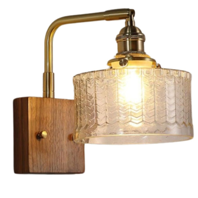 Vintage Ripple Glass Wooden Base Wall Sconce Bedside Lamp with Plug