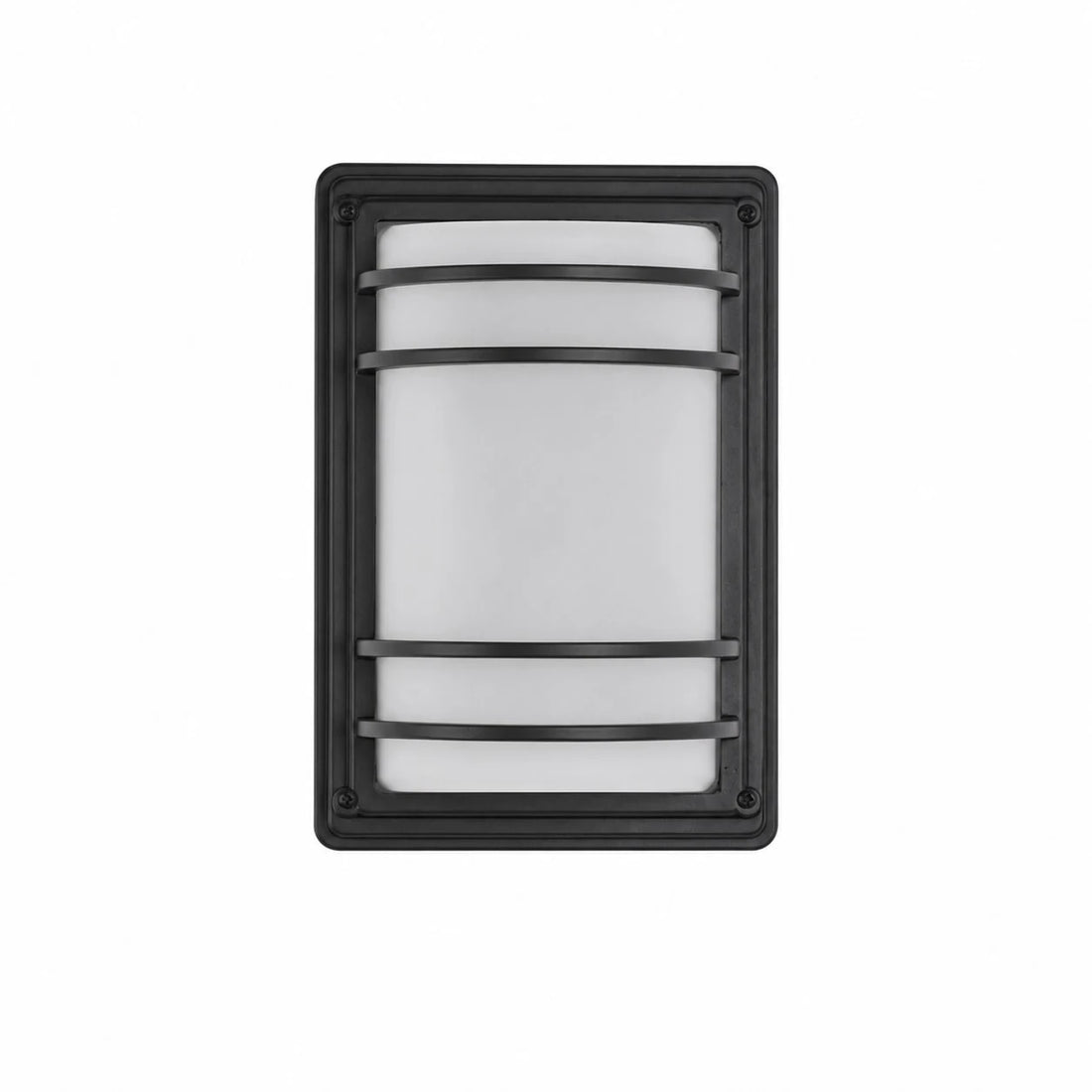 Black outdoor wall light with white glass shade turned off