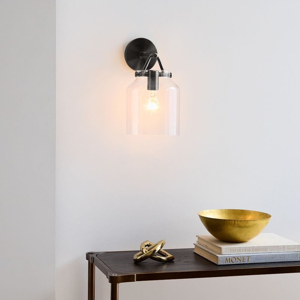 Hanton Brass Damp Rated Sconce - Modern Glass Wall Light for Bathroom