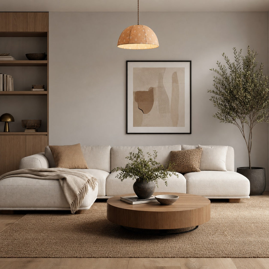 Polka dot linen pendant light in a calm neutral living room