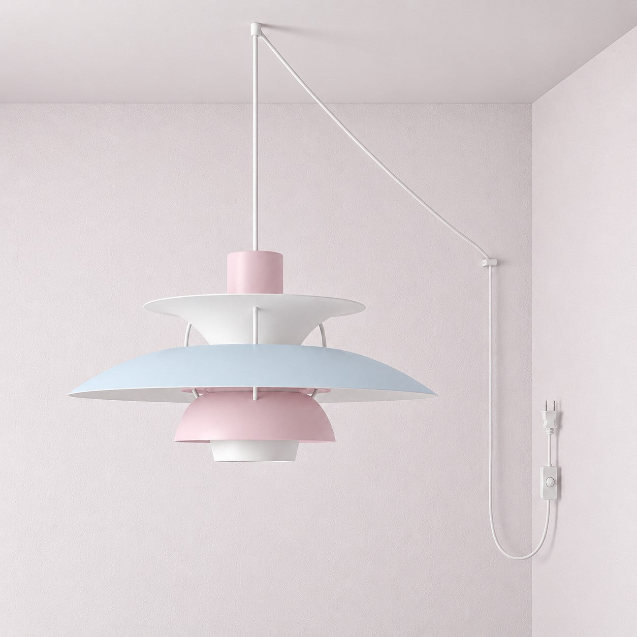 Moderne mehrlagige bunte Pendelleuchte mit Stecker und Zugkabel - Hängelampe aus Metall