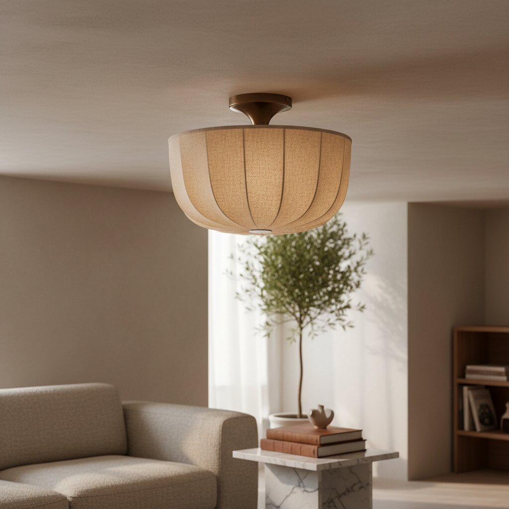 Loomis Flush Ceiling Lamp – Textured Linen Shade and Aged Brass Modern Ceiling Light for Living Rooms