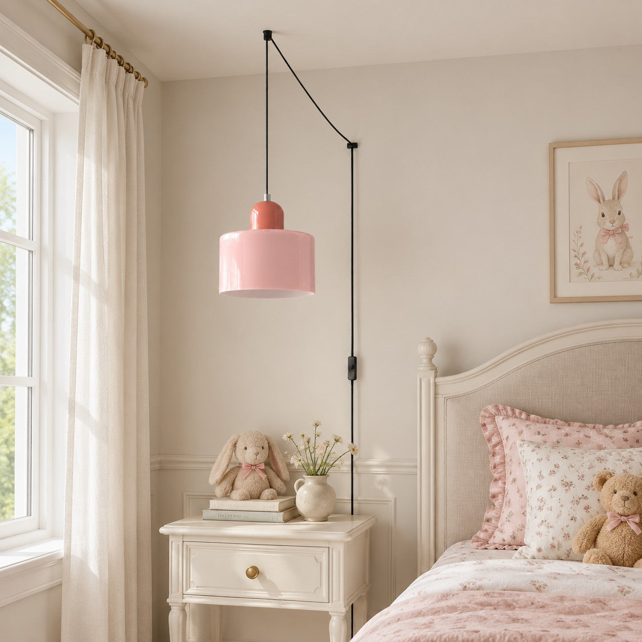 Mid-Century-Makronen-Pendelleuchte mit Stecker und Zugkabel - Bunter Lampenschirm als Hängelampe für die Wohnraumdekoration