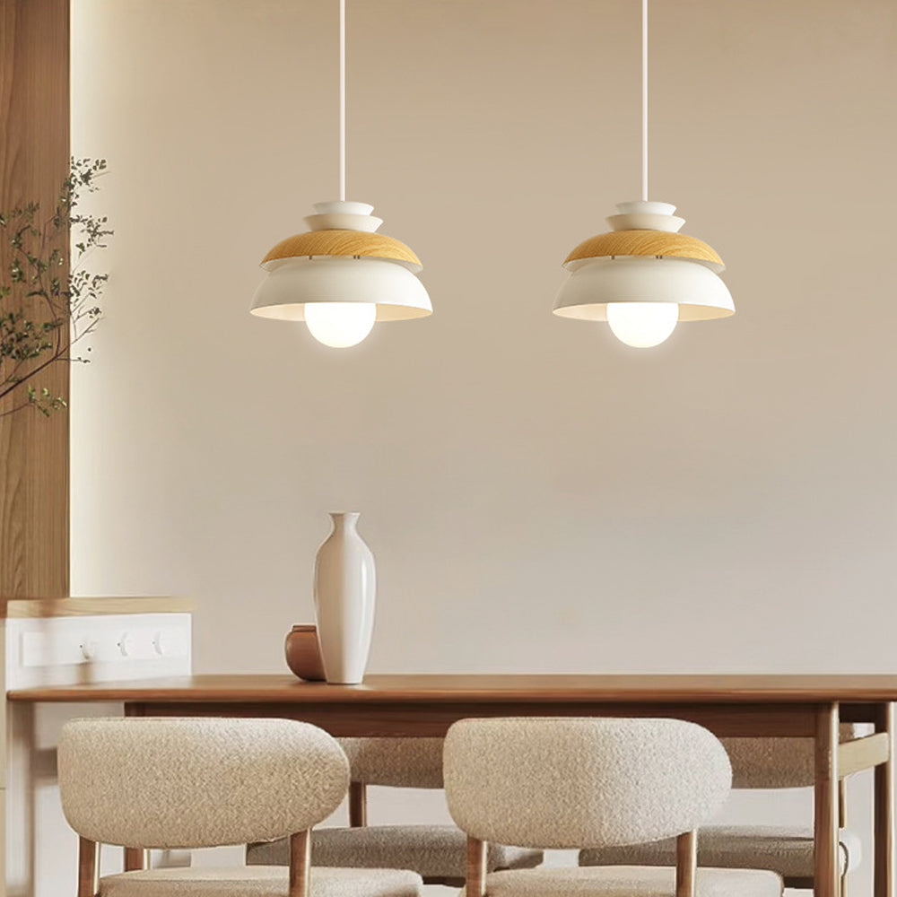 Modern Dome Pendant Light - Metal Wood Grain Fixture for Dining Room