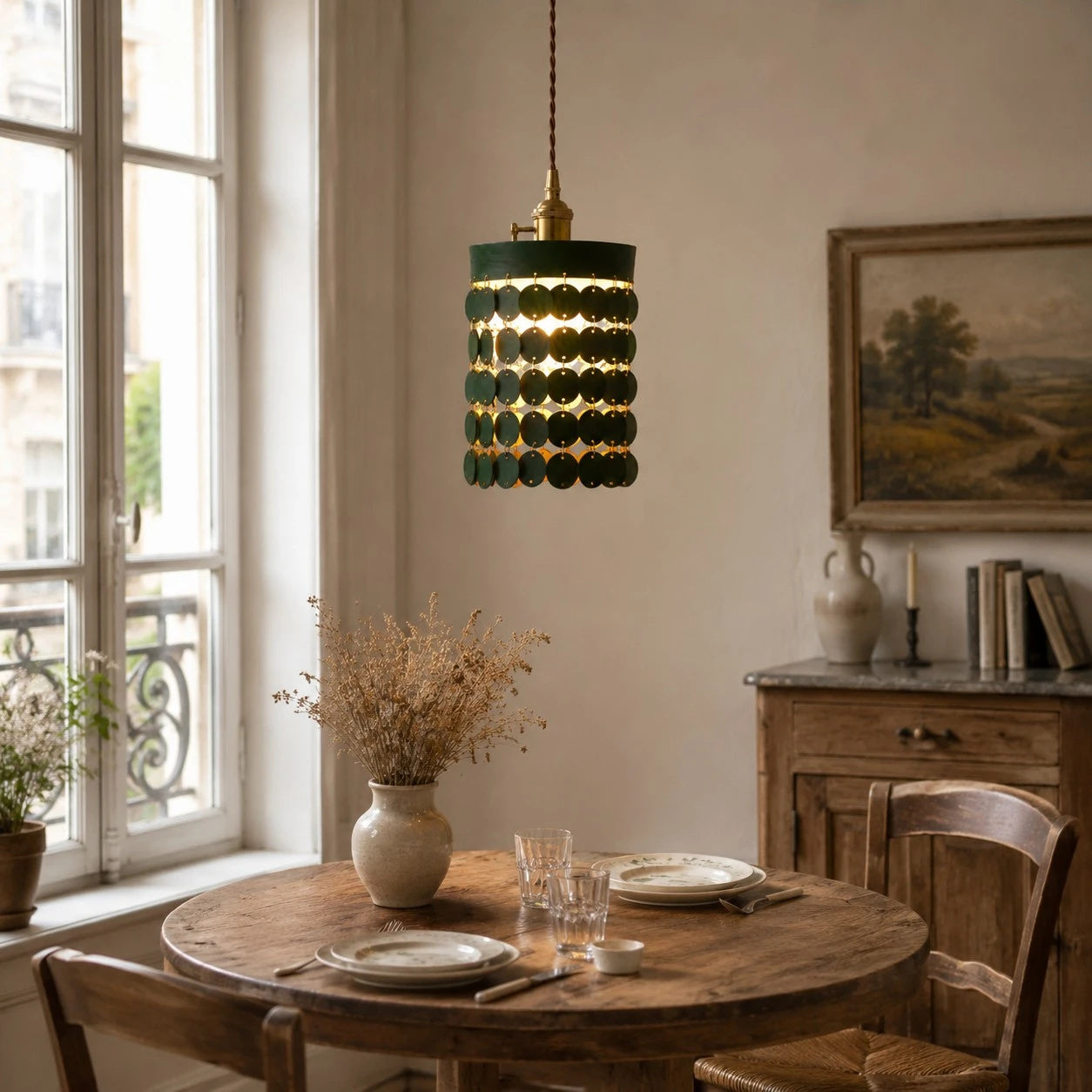 Green leather pendant light in a dining room