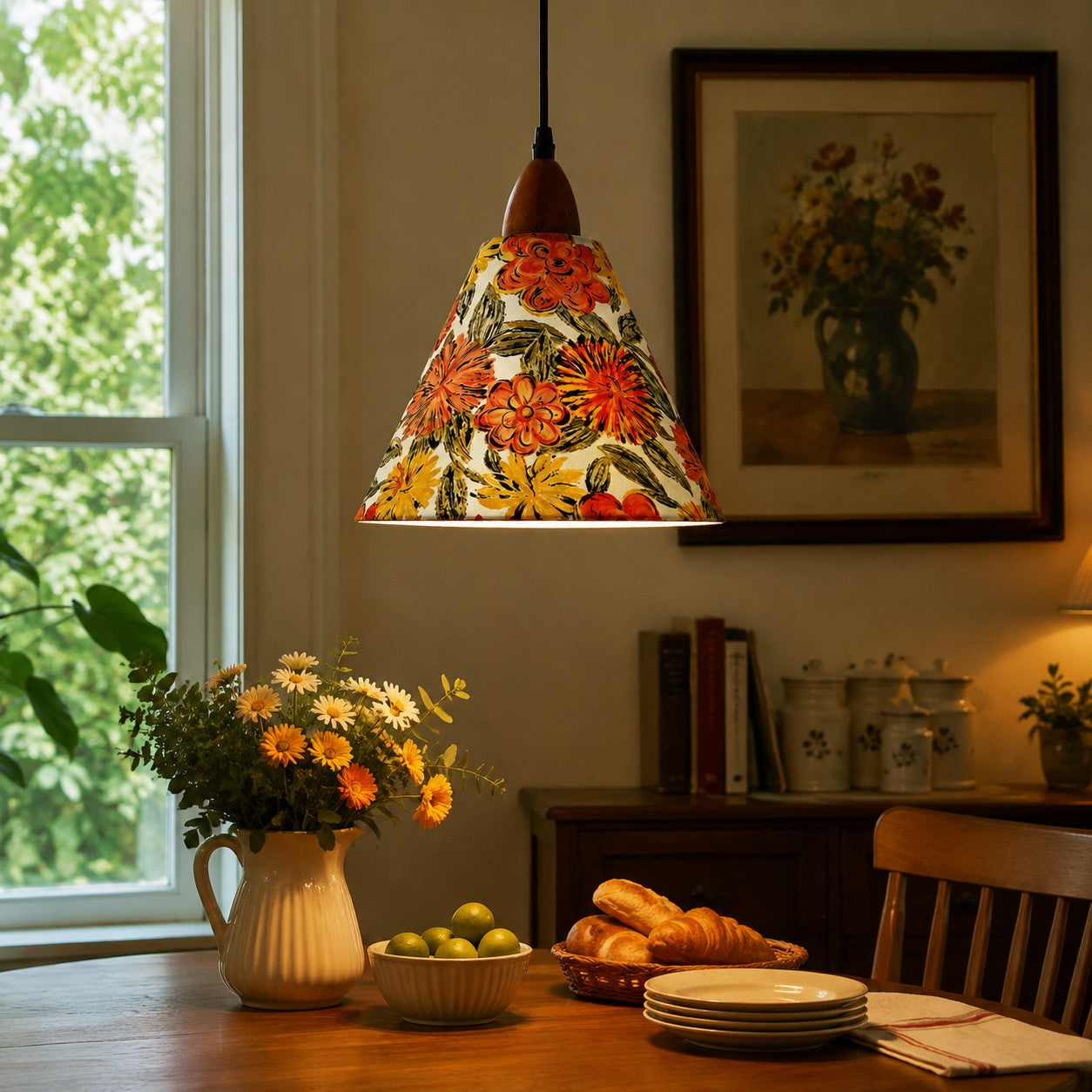 Orange floral pendant above breakfast table beside garden window