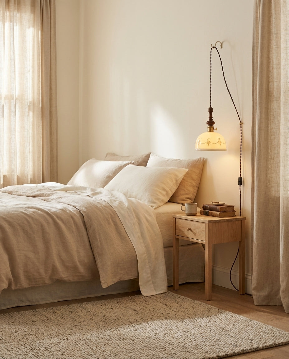 Keramik-Pendelleuchte mit Stecker und Zugkabel und Holzabschluss