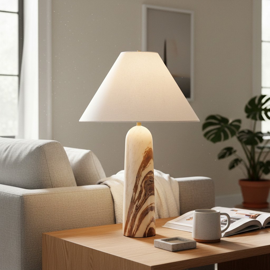 Albi Minimalist Marble Table Lamp – Elegant Fabric Shade Suitable for Any Room