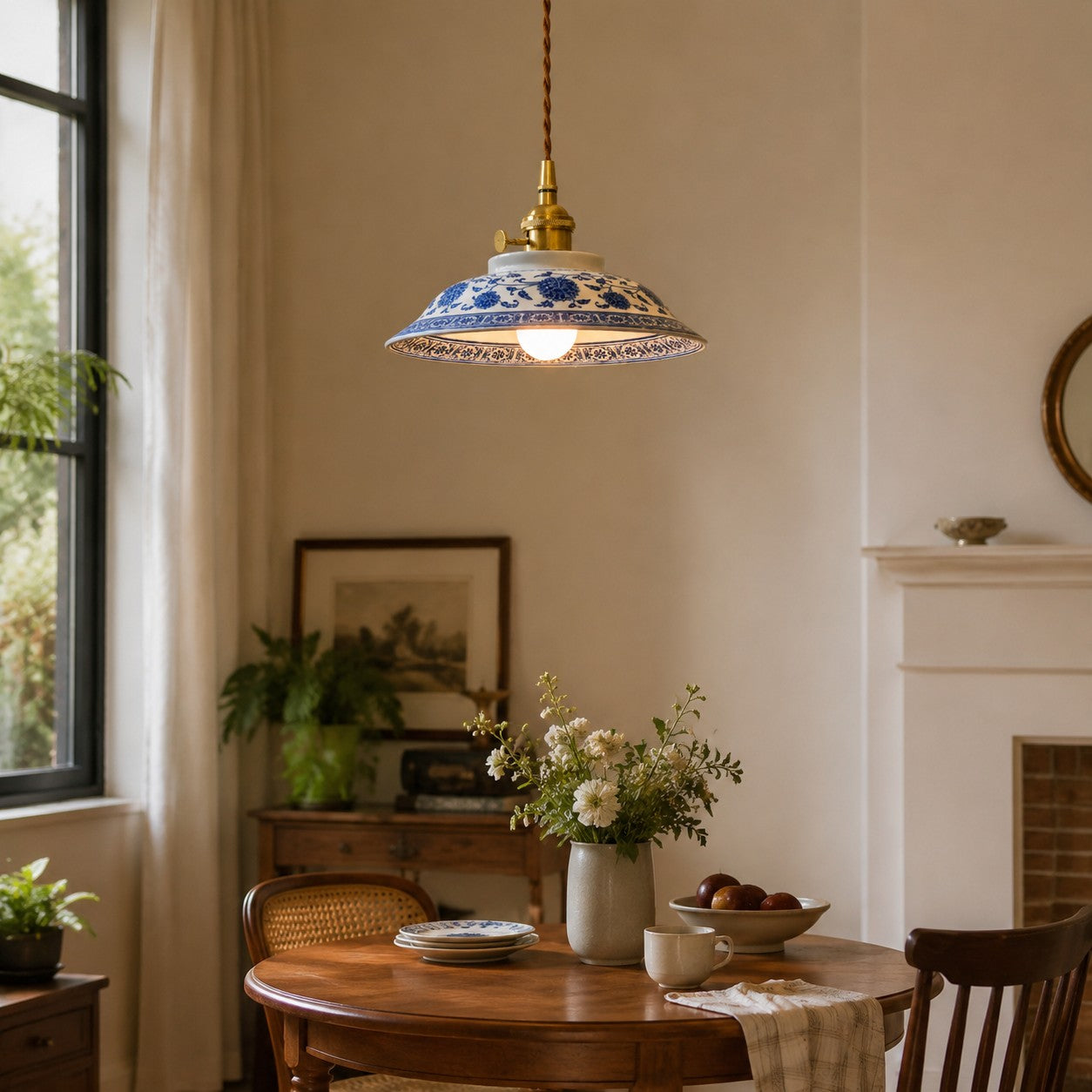 Blue And White Ceramic Pendant Light with Brass Accents