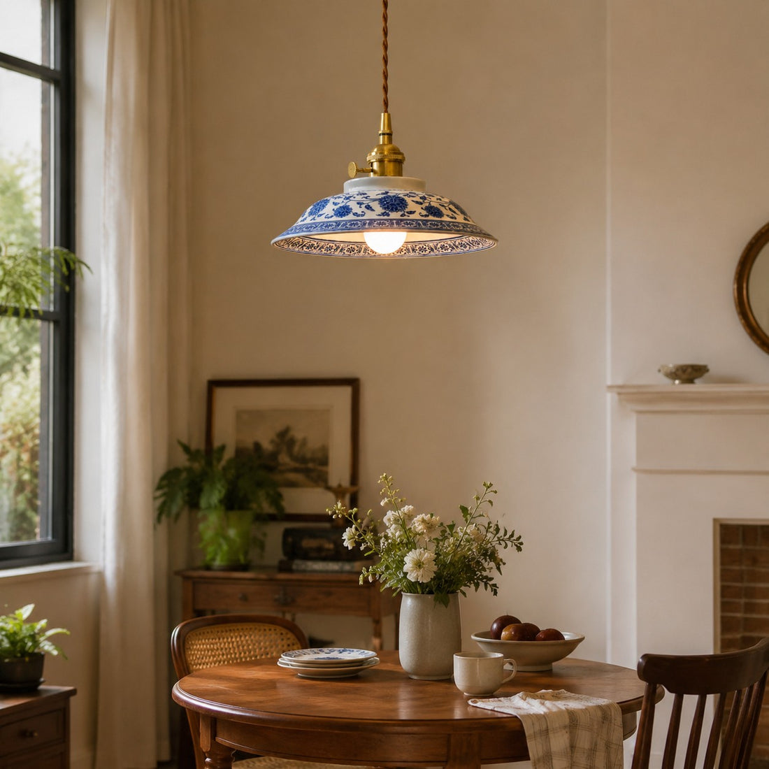 Blue And White Ceramic Pendant Light with Brass Accents