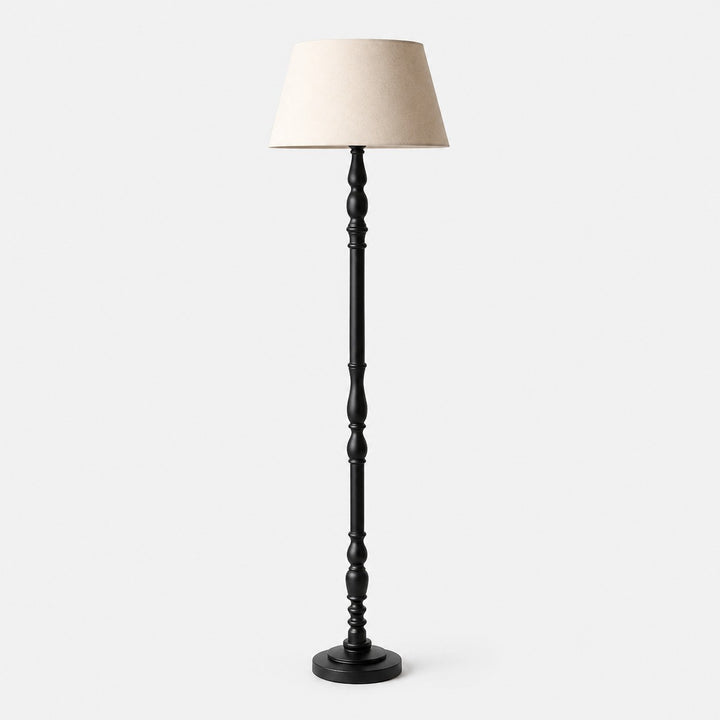 Stehlampe aus gedrechseltem Holz mit Stoffschirm