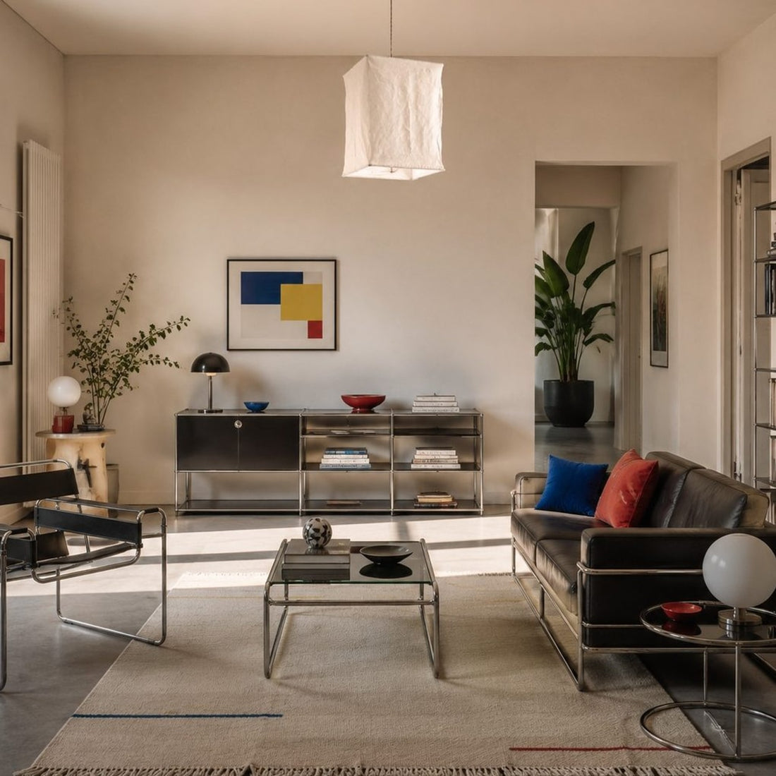 Sculptural linen pendant light installed in a modern living room