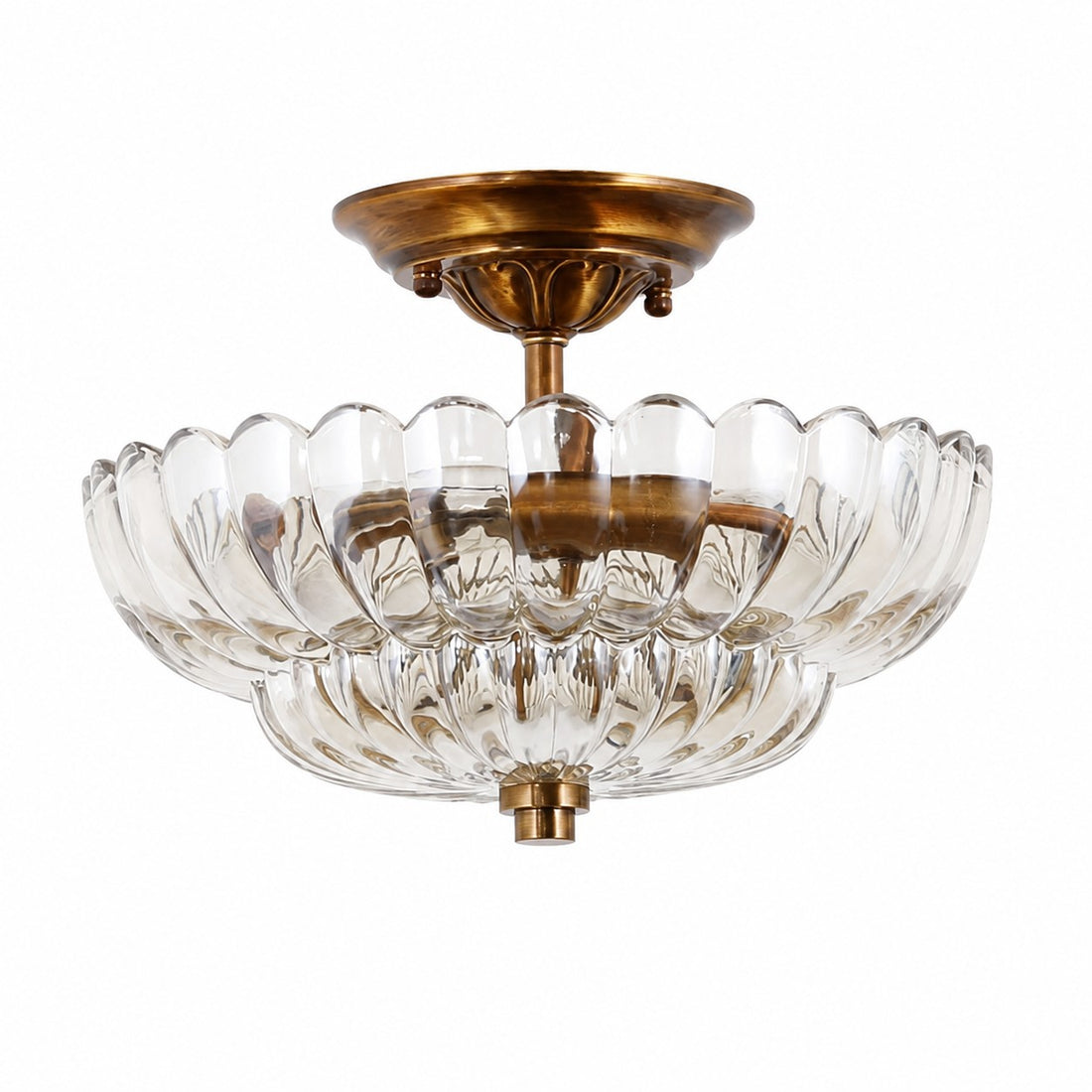 Floral Brass and Amber Glass Semi-Flush Ceiling Light