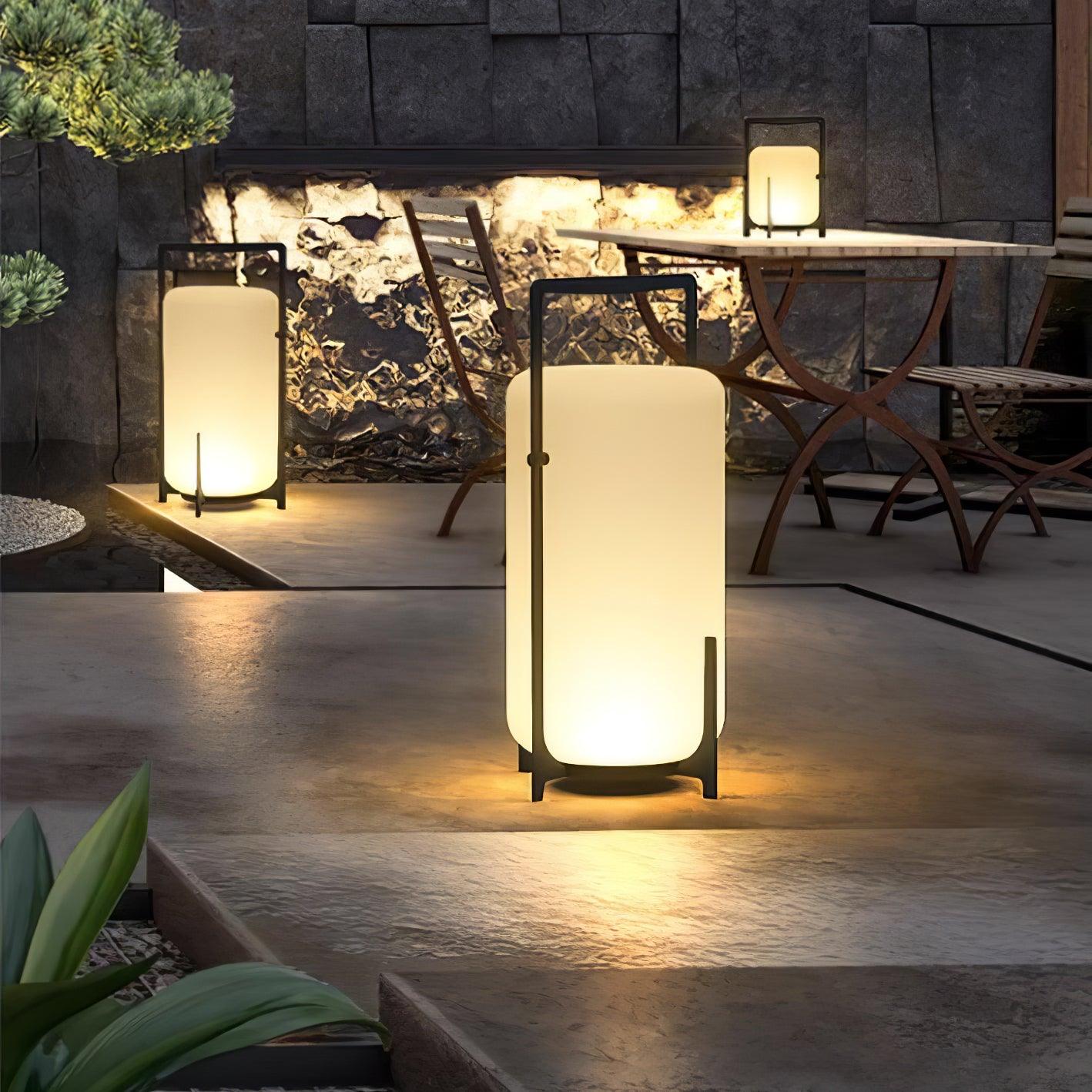 Black Lantern Table Lamp - Outdoor LED Light with Blown Glass Shade