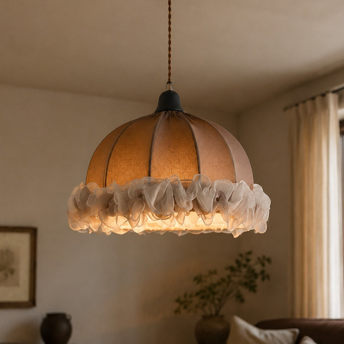 French Vintage Ruffled Fabric Pendant Light