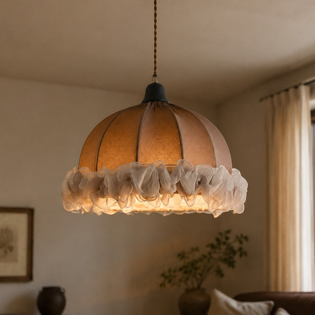 French Vintage Ruffled Fabric Pendant Light