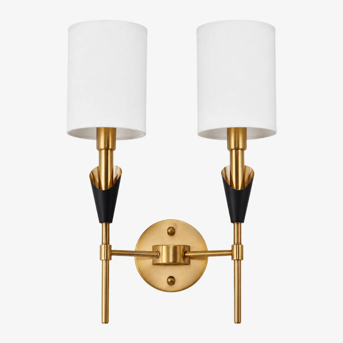 Antique brass angled double-head wall lamp with fabric shades