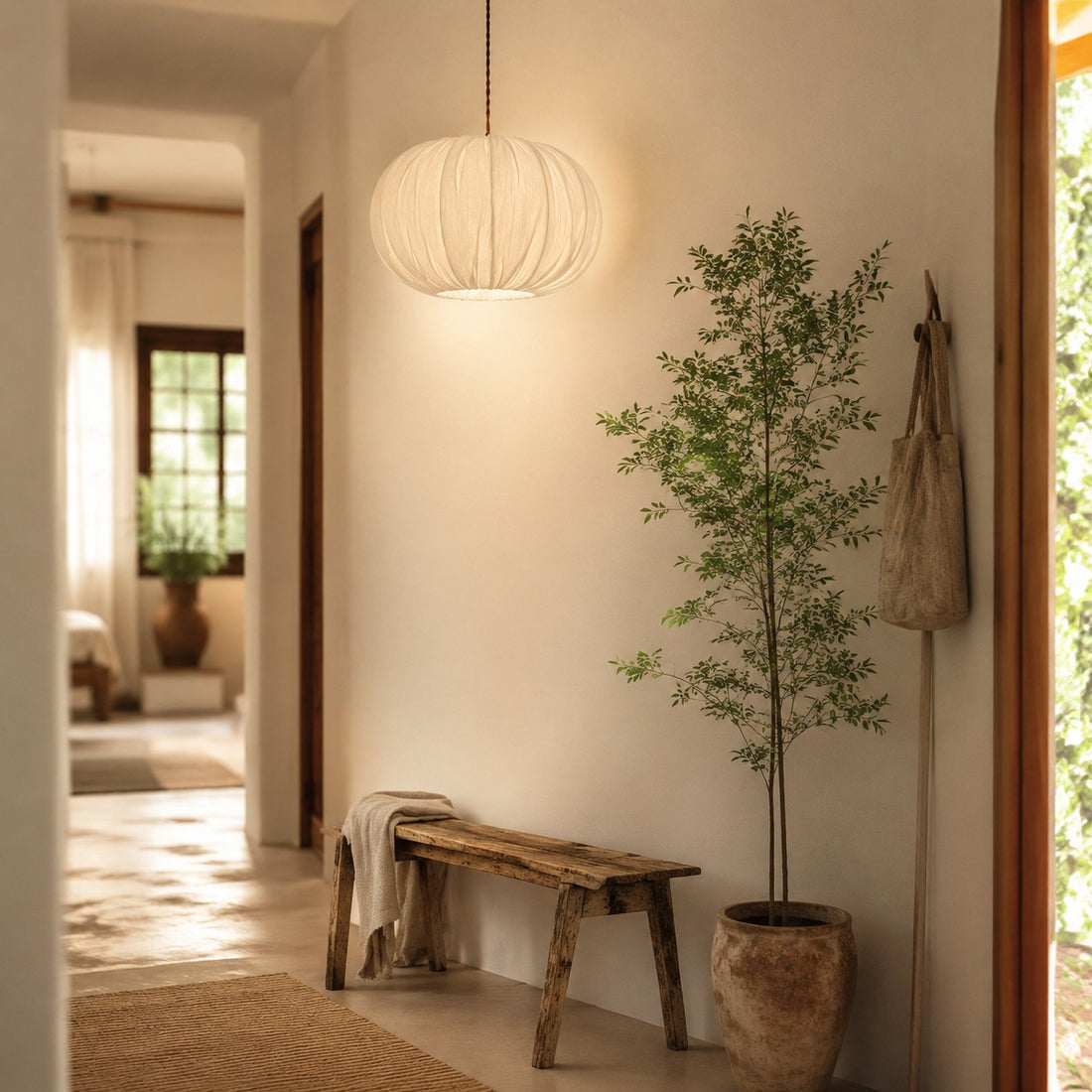 Fabric Globe Pendant Light with Wood Canopy
