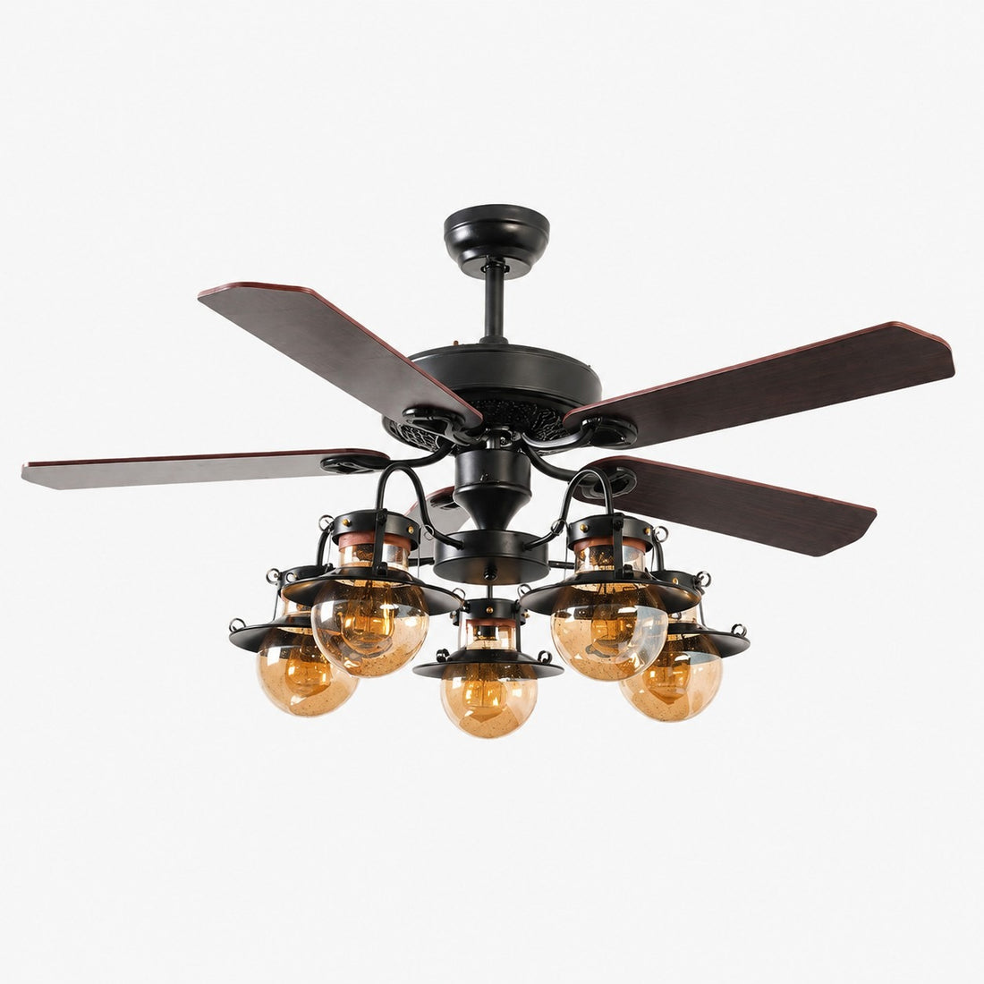 Wood blade amber globe five-light ceiling fan