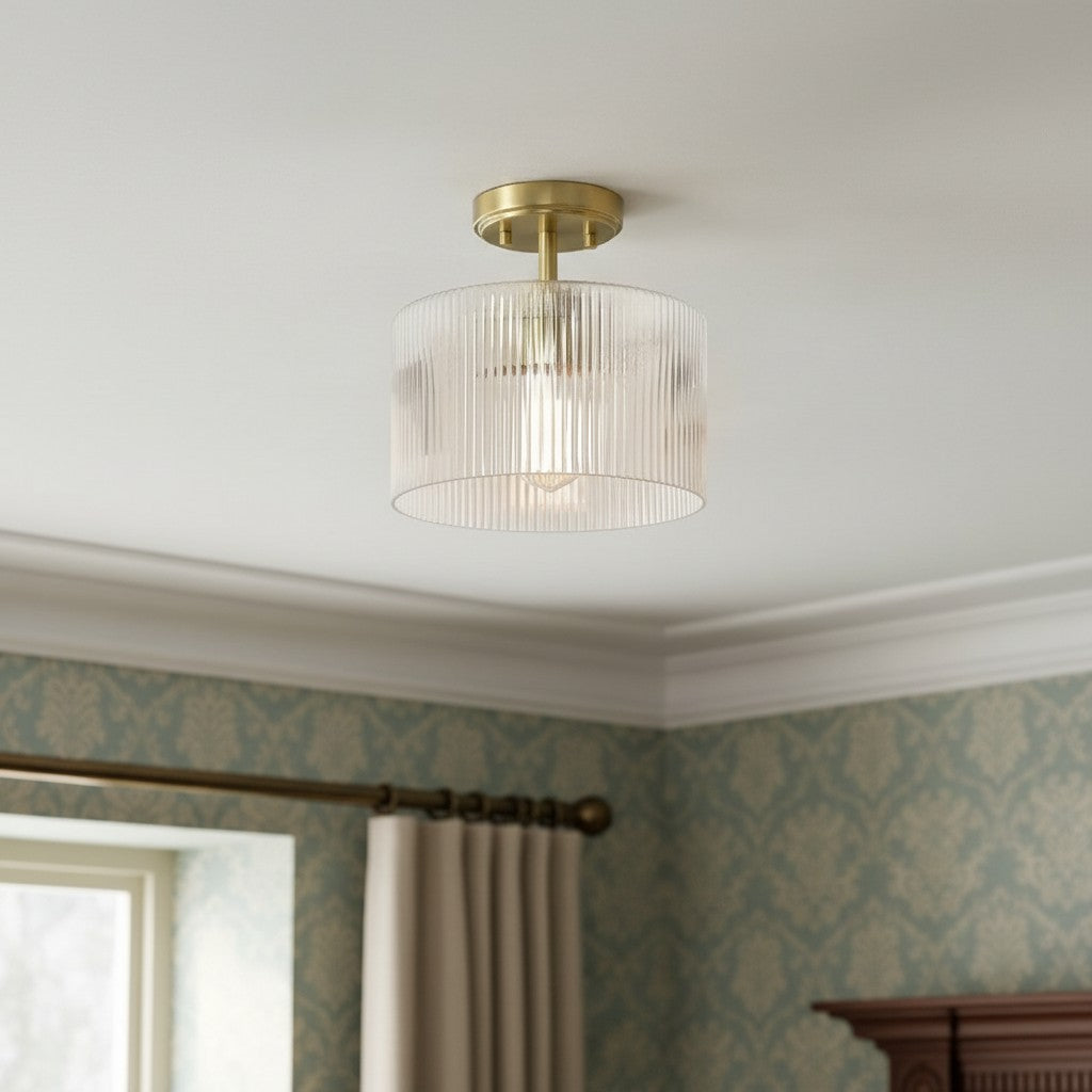 Rivora Ribbed Glass Semi Flush Ceiling - Modern Farmhouse Ceiling Light for Bedroom and Hallway U09