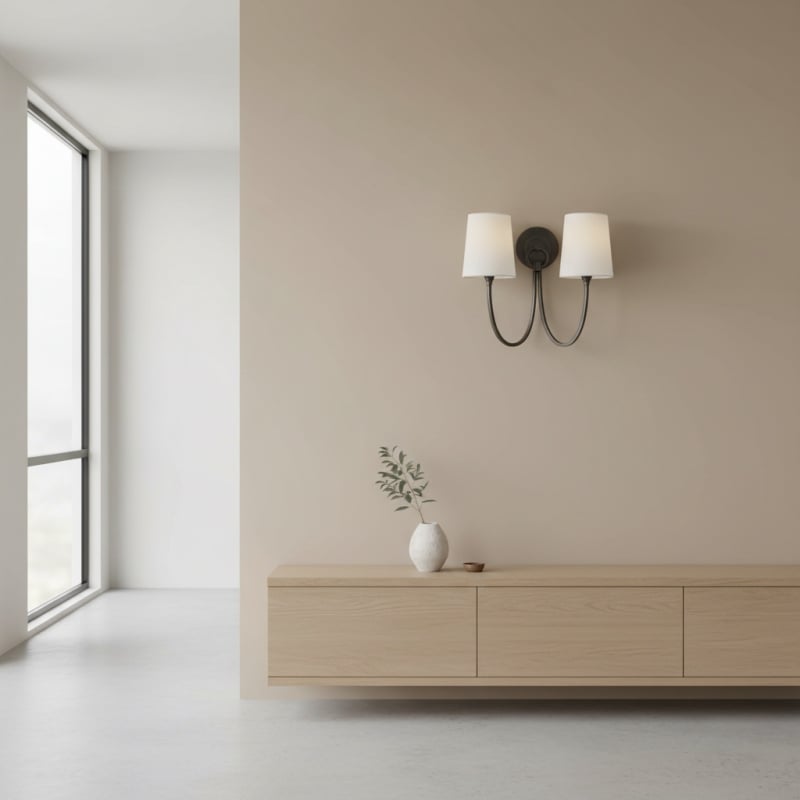 Roven Modern Double Wall Sconce with Curved Arms and Fabric Shades – Classic Accent Lighting for Bedroom