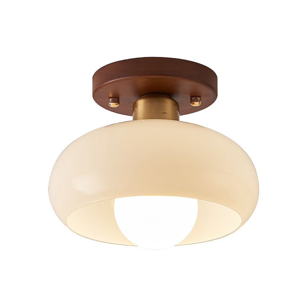 Cream Glass Ceiling Light - Vintage Bauhaus Walnut Lamp for Hallway