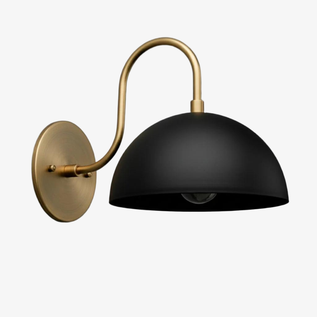 Curva Metal Industrial Wall Sconce - Curved Brass Arm - Hammered Dome Light Fixture
